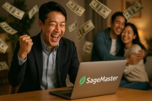 中年の日本人男性がノートパソコンでSageMasterのAIトレードを行い、喜びの表情で拳を握っている。背景にはカップルが笑顔で抱き合い、空中には紙幣が舞っており、経済的成功と幸福な人生を象徴している