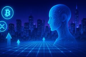 AIと暗号資産が融合する近未来の金融都市イメージ。ビットコイン・XRPと光のグリッドが資産増加を象徴
