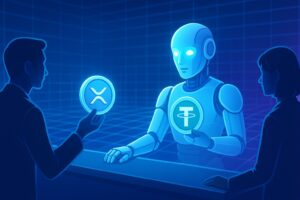AIロボットがXRPとUSDTを交換する未来的な自動取引所のイメージ