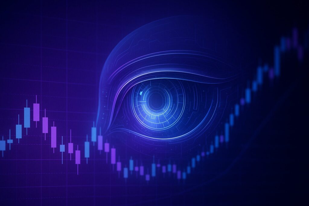 AIの眼が相場チャートを解析する未来的イメージ