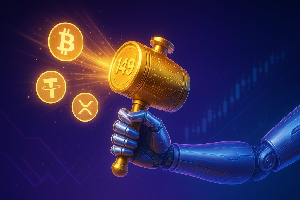AIの手が握る黄金の小槌から仮想通貨アイコンが飛び出す未来的イメージ