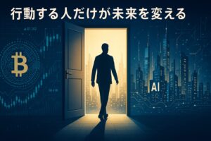 扉を開けて光の世界に踏み出す人物のシルエット。背景にはビットコインの模様やデジタルチャートが広がり、扉の向こうにはAIが稼働する未来都市が輝いている