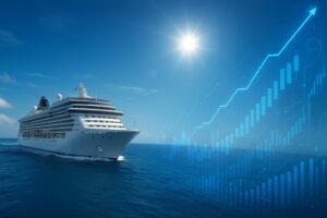 豪華客船が青い海を進むクルージング風景。太陽が輝く青空の背景に、未来的なデジタルチャートやAIのラインが重なり、クルーズ旅行と資産形成・AI投資の可能性を象徴している