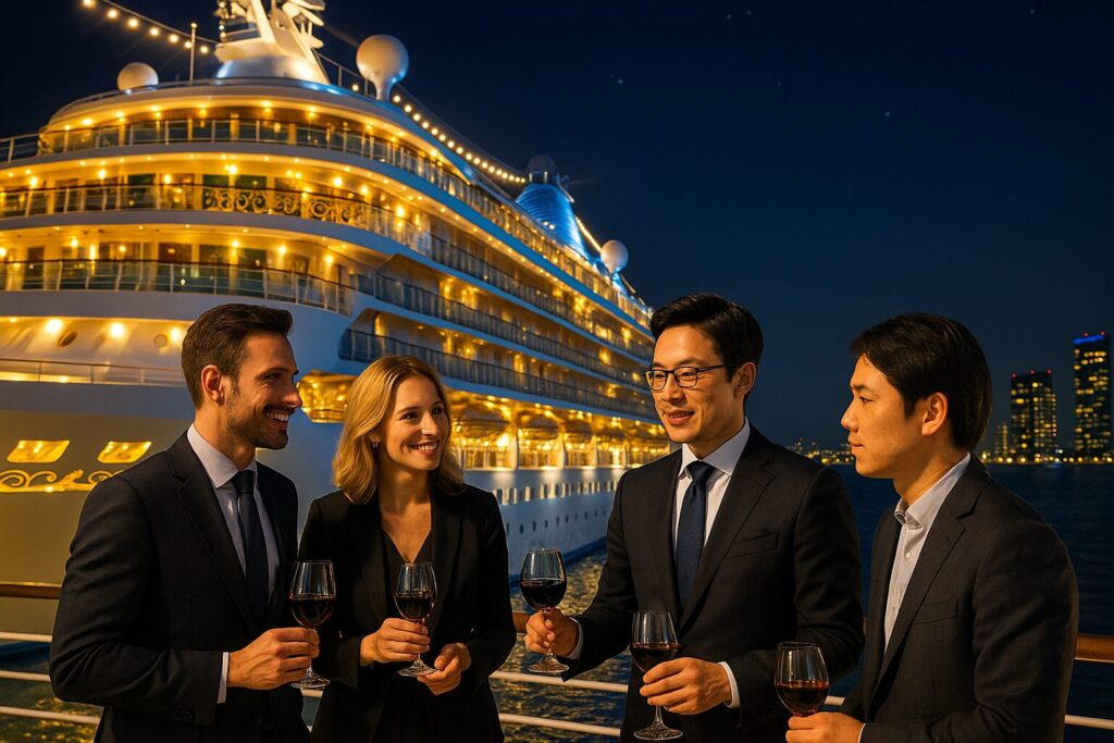 豪華な大型クルーズ船が夕日を背に海上を進む デッキにはリゾートチェアやプールが並び 旅人たちが非日常のひとときを楽しんでいる 空にはゴールドの光が差し込み 未来への船出を感じさせる壮麗な情景