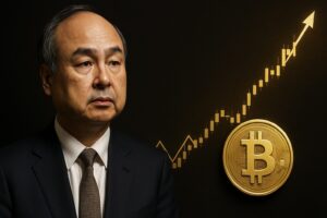 孫正義氏のシルエットにビットコインと上昇チャートを重ねた写実的デザイン