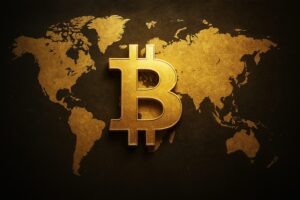 黒と金のコントラスト背景に、ビットコインと世界地図を重ねた写実的デザイン