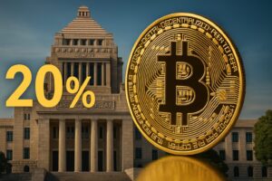 国会議事堂を背景に、ビットコインと20％の数字が浮かぶ構図