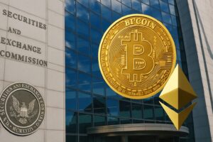 米国SECの建物にビットコインとETHのアイコンを重ねたデザイン