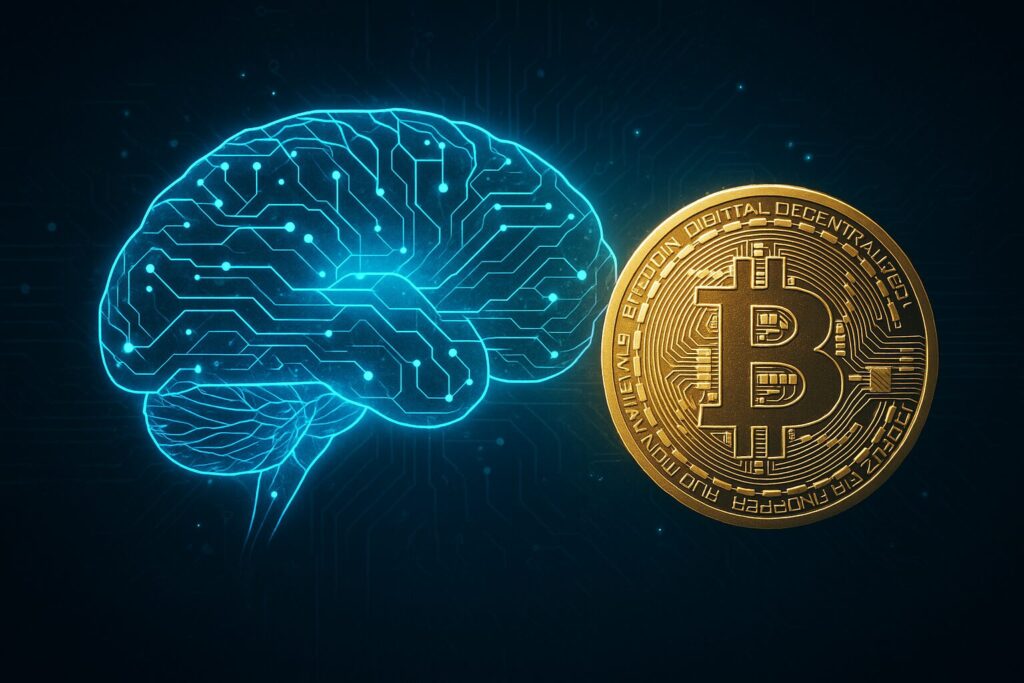 AIを象徴するデジタル脳とビットコインの融合イメージ
