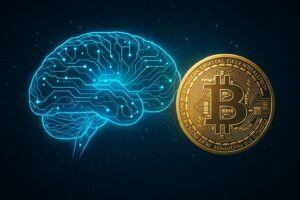 AIを象徴するデジタル脳とビットコインの融合イメージ