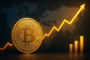 AIを象徴するデジタル脳とビットコインの融合イメージ