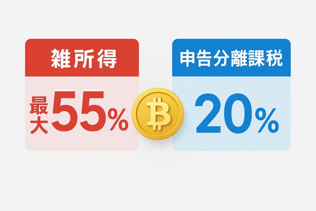 雑所得 最大55％」赤色、右に「申告分離課税 20％」青色の対比グラフ／中央にビットコインアイコン