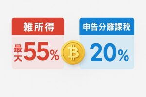 雑所得 最大55％」赤色、右に「申告分離課税 20％」青色の対比グラフ／中央にビットコインアイコン