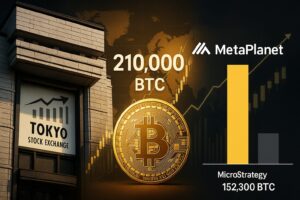 東京証券取引所の建物と金色のビットコイン。背景に「21万BTC」の文字と上昇チャートを重ねた横長デザインと米マイクロストラテジーとの比較図解
