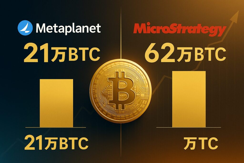 マイケル・セイラー氏のシルエットと金色のビットコイン。背景に「62万BTC」と「上昇チャート」を重ねた横長デザイン