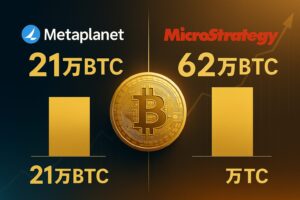 マイケル・セイラー氏のシルエットと金色のビットコイン。背景に「62万BTC」と「上昇チャート」を重ねた横長デザイン