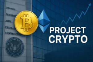 米国SECの建物にビットコインとETHのロゴを重ね、背後に「Project Crypto」の文字と上昇チャート