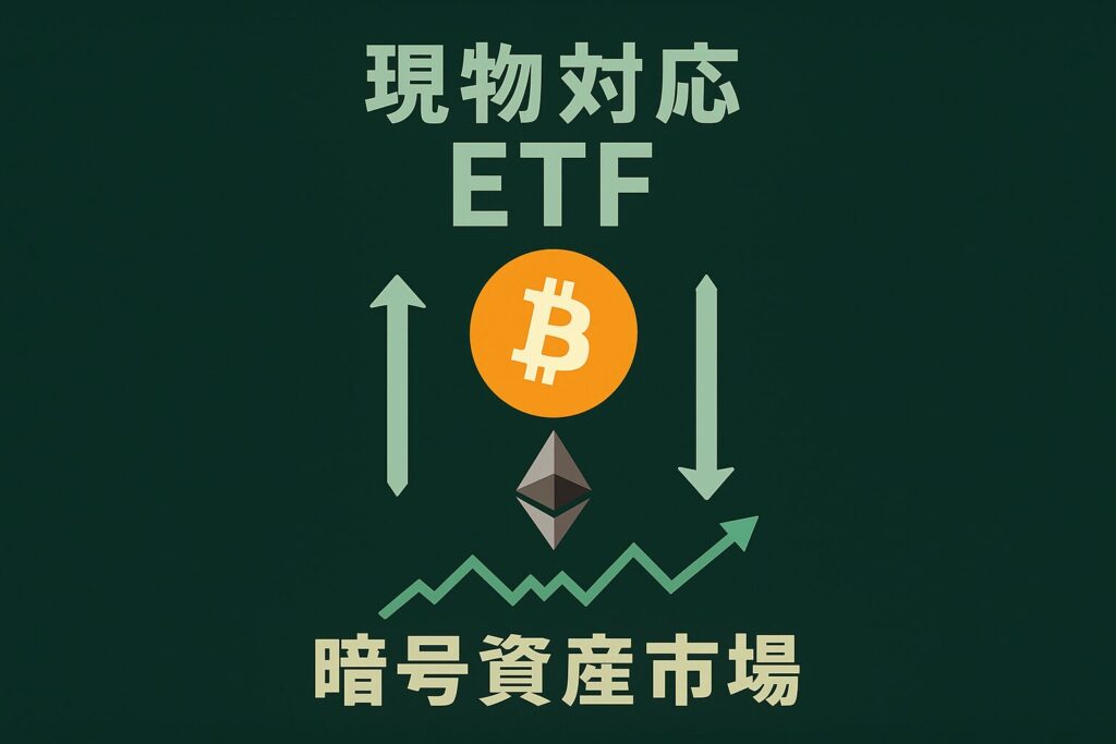 ETFのグラフを背景に、中央にビットコインとイーサリアムのロゴ。上下に「現物対応」と書かれた16:9横長デザイン