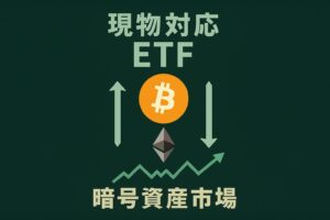 ETFのグラフを背景に、中央にビットコインとイーサリアムのロゴ。上下に「現物対応」と書かれた16:9横長デザイン
