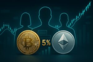 ブルー系背景に盾を持った投資家シルエット。盾の上にビットコインとETHロゴを配置し「安心の投資環境」と記載されたデザイン