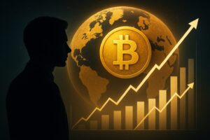 暗闇に浮かぶビットコインと地球儀。未来を見据える投資家のシルエットを重ね、上昇チャートが広がる画像