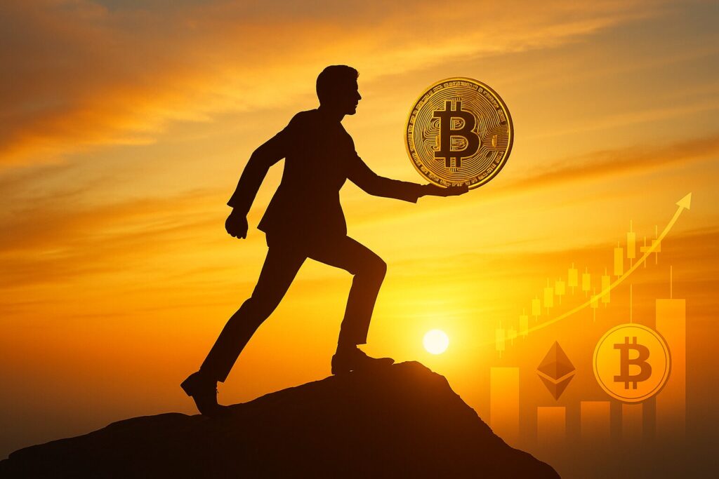 朝焼けの空を背景に、ビットコインを手に前へ踏み出す投資家のシルエット