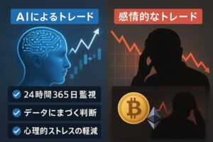 冷静なAIのデジタル脳と、動揺する投資家のシルエットを対比させた横長16:9デザイン