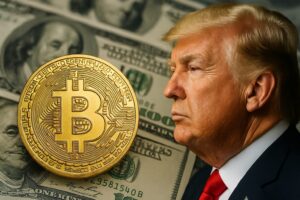 米ドル紙幣と金色のビットコインコインを背景に、右端にトランプ大統領の写実的な横顔