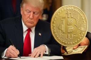 トランプ大統領が書類に署名する様子と金色のビットコインコインを重ねた画像