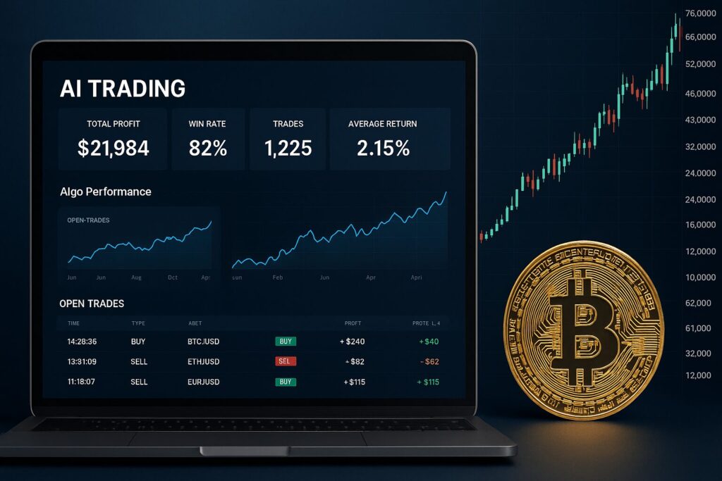 PC画面にAIトレードのダッシュボード、横にビットコイン価格チャート