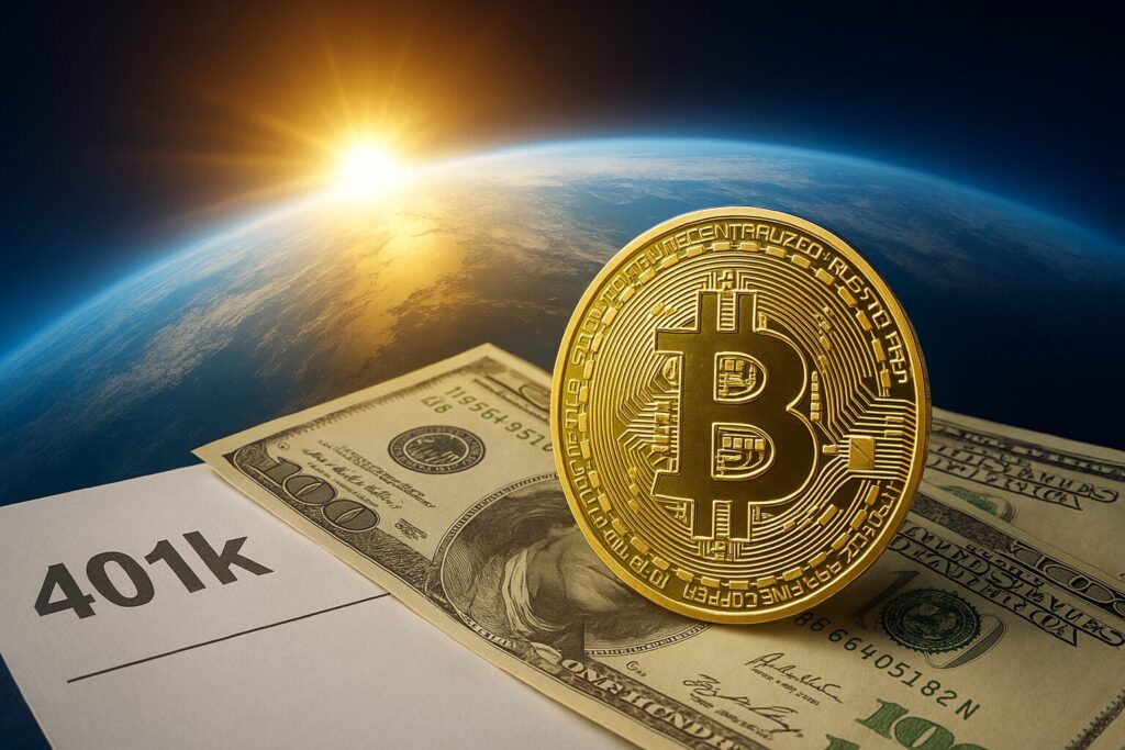 日の出の光が差し込む地球（宇宙空間から見た視点）
手前：金色のビットコインとドル紙幣が重なって置かれている
左下：401kの書類の一部が見える
全体：明るいゴールドとブルーの色調で、希望と拡大感を演出