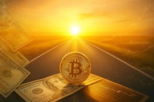 真っすぐに伸びる一本道の先に朝日が昇る様子（地平線から光が差す） 手前：道の中央に金色のビットコインコインが置かれている サイド要素：道路脇にドル紙幣や株式チャートがうっすらと半透明で重なる 全体色調：明るいゴールドとオレンジのグラデーションで「希望・始まり・決意」を表現