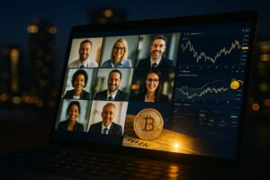 夜景の都市（高層ビルの窓が光っている）をぼかした上に、PCやタブレットの画面にZoom会議の様子が映っている 中央要素：PC画面に複数人がZoom参加しているサムネイル映像（ビジネス服・笑顔の参加者） サイド要素：画面の一部にビットコイン価格チャートやAIトレードのダッシュボードがうっすら重なる 全体色調：ネイビー×ゴールドで「信頼感＋知的さ」を演出 構図：Zoomの画面がやや斜めに配置され、臨場感とリアルさを強調