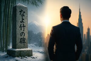 歴史と現代を二分割した構図。左半分は雪景色の会津若松、「なよ竹の碑」が静かに佇む情景。右半分はスーツ姿の現代ビジネスマンが背筋を伸ばし、摩天楼を見据える。中央の光が両時代をつなぎ「折れぬ節」を象徴する