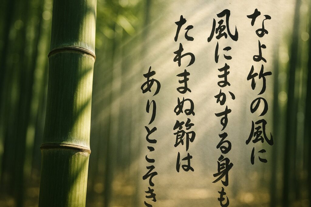 竹林の中で一本の竹をクローズアップし、光が差し込む情景。
竹の節が強調され、背景には柔らかく風に揺れる竹の葉。
手前に力強い書道で書かれた辞世の句が配置された構図。