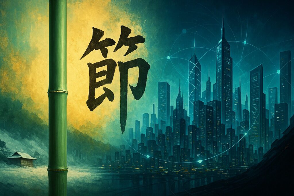 伝統と未来が融合したデジタルアート。左側には竹の節と大きく書かれた「節」の文字、背景に柔らかな金色の光と山間の小屋。右側には青く輝く近未来都市の摩天楼とデジタルネットワークを象徴する光のラインが描かれている