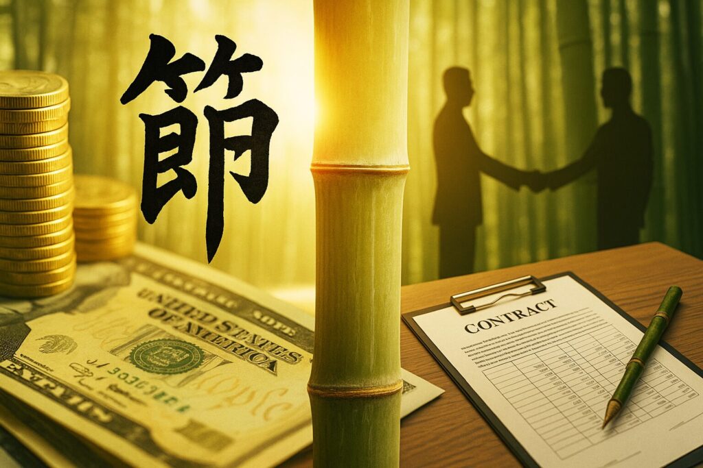 金貨や紙幣の中を一本の竹の節が力強く貫く構図に、握手を交わす人物のシルエットと背後に広がる竹林を重ねたデザイン。手前には契約書や書類が並び、象徴的に一本の竹製ペンが置かれている。ビジネスにおける「徳ある資本」と「折れぬ節」を表現した16:9横長イラスト