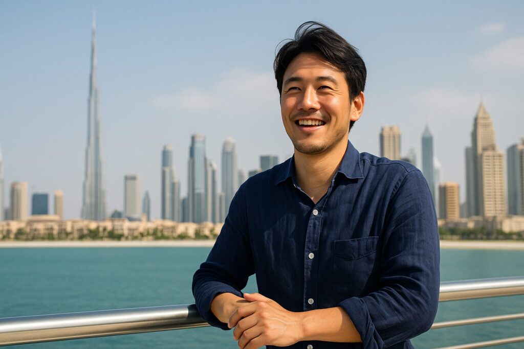 ドバイの高層ビル群を背景に、海沿いのデッキでリラックスしながら笑顔を見せる男性。逆転と自由を象徴する情景