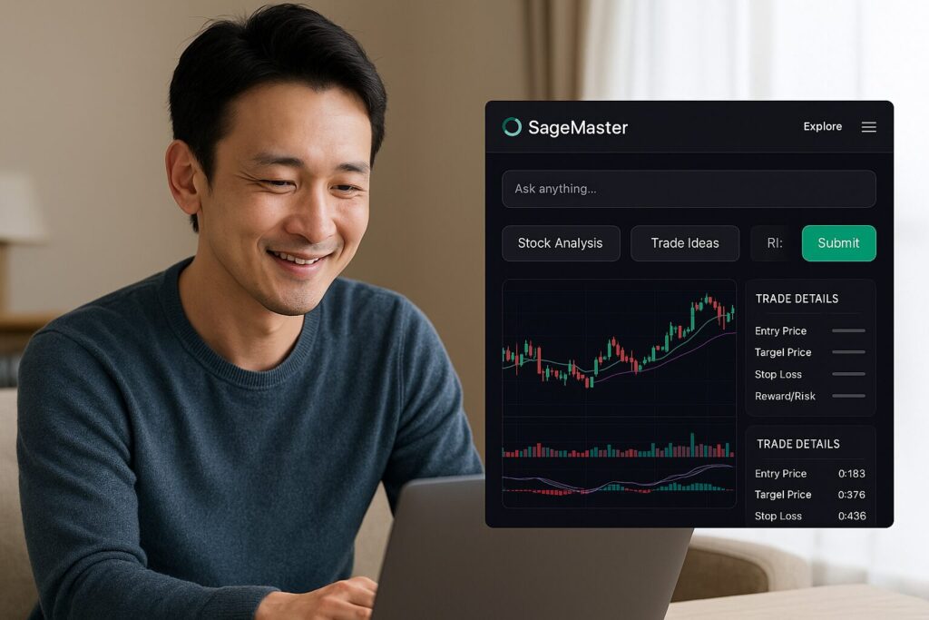 トレード画面を見ながら微笑む男性+SageMaster風のUI