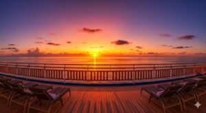 豪華客船デッキから広がる夕焼けの海