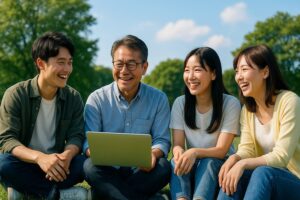青空の下、芝生に座ってノートPCを囲み笑顔で語り合う中高年男性と若い男女3人の日本人。背景には緑豊かな木々が広がり、明るく開放的な雰囲気が漂っている