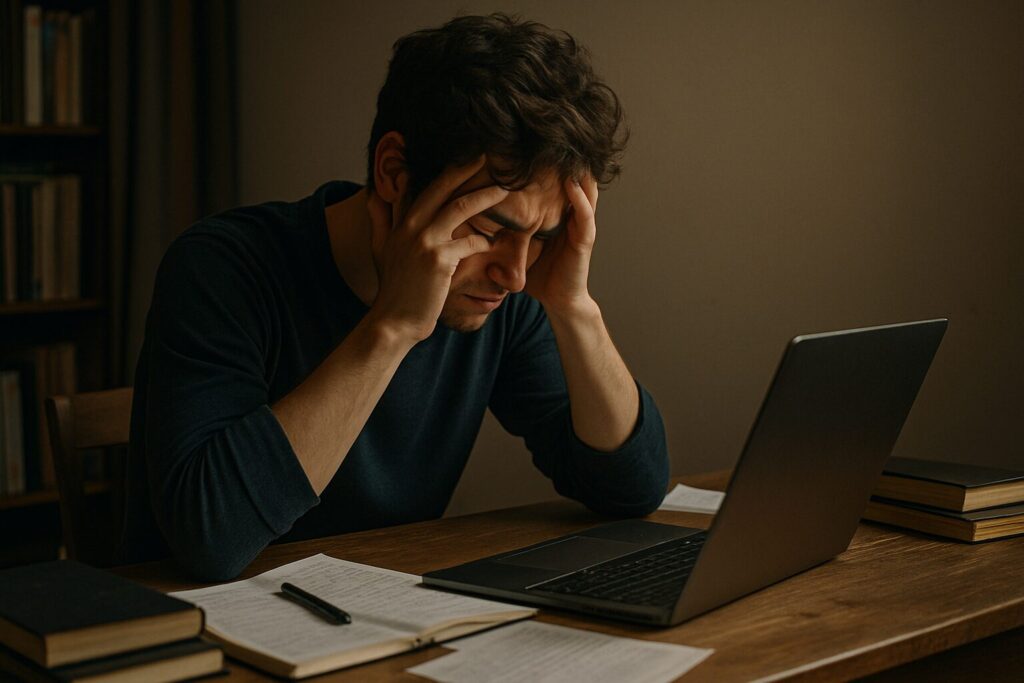 若い男性が自室で悩むシーン → デスクにPC・メモ・本が散らばる