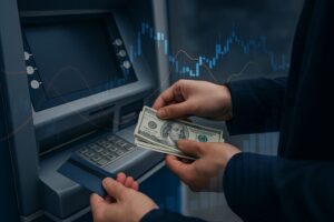 ATMから現金を引き出す手元と、背景に重なる暗号資産のチャート