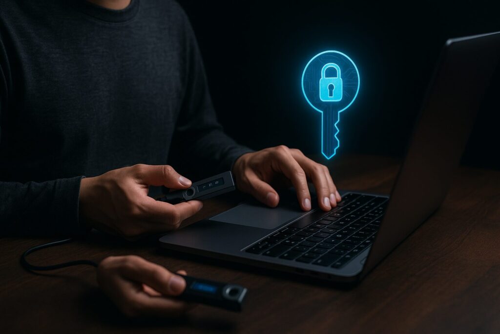 ハードウェアウォレットを使って資産を管理する人物と鍵のホログラム