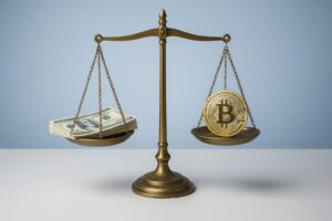 現金とビットコインが天秤で釣り合う、安心と自由のバランスを象徴するイメージ
