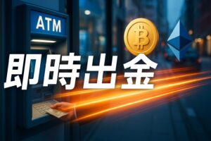 街中のATMと浮かぶビットコイン・イーサリアムのシンボル、光のラインで即時出金を表現した写実的なイメージ