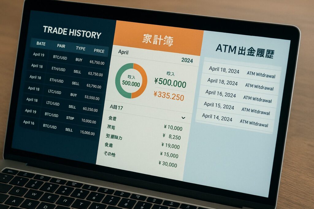 資産管理アプリでATM出金と取引履歴をチェックする画面