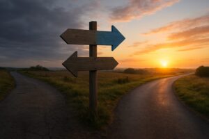 郊外のアスファルト道路が二股に分岐し、テキストのない矢印道標が左右を示す。左はくすんだグレー、右は朝焼けの光で明るい