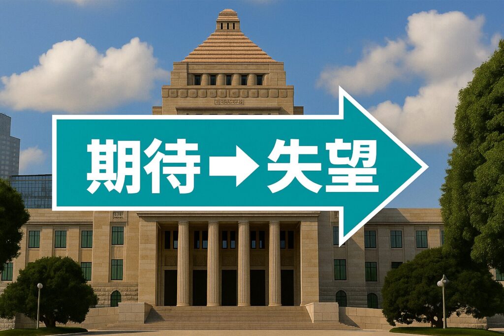 二股の道で「国に頼る」「自分で稼ぐ」と示された看板を見つめる人々