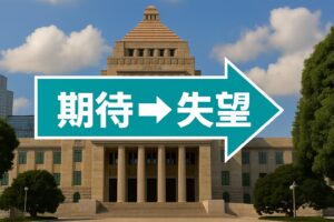 二股の道で「国に頼る」「自分で稼ぐ」と示された看板を見つめる人々
